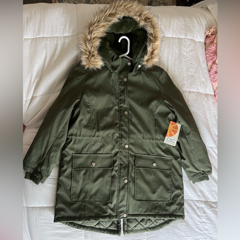 C&C California Olive Puffer Coat with Faux Fur Hood